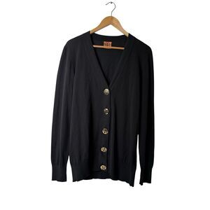 Tory Burch Black Cotton Cardigan Gold Logo Button Up Preppy Sweater Designer S